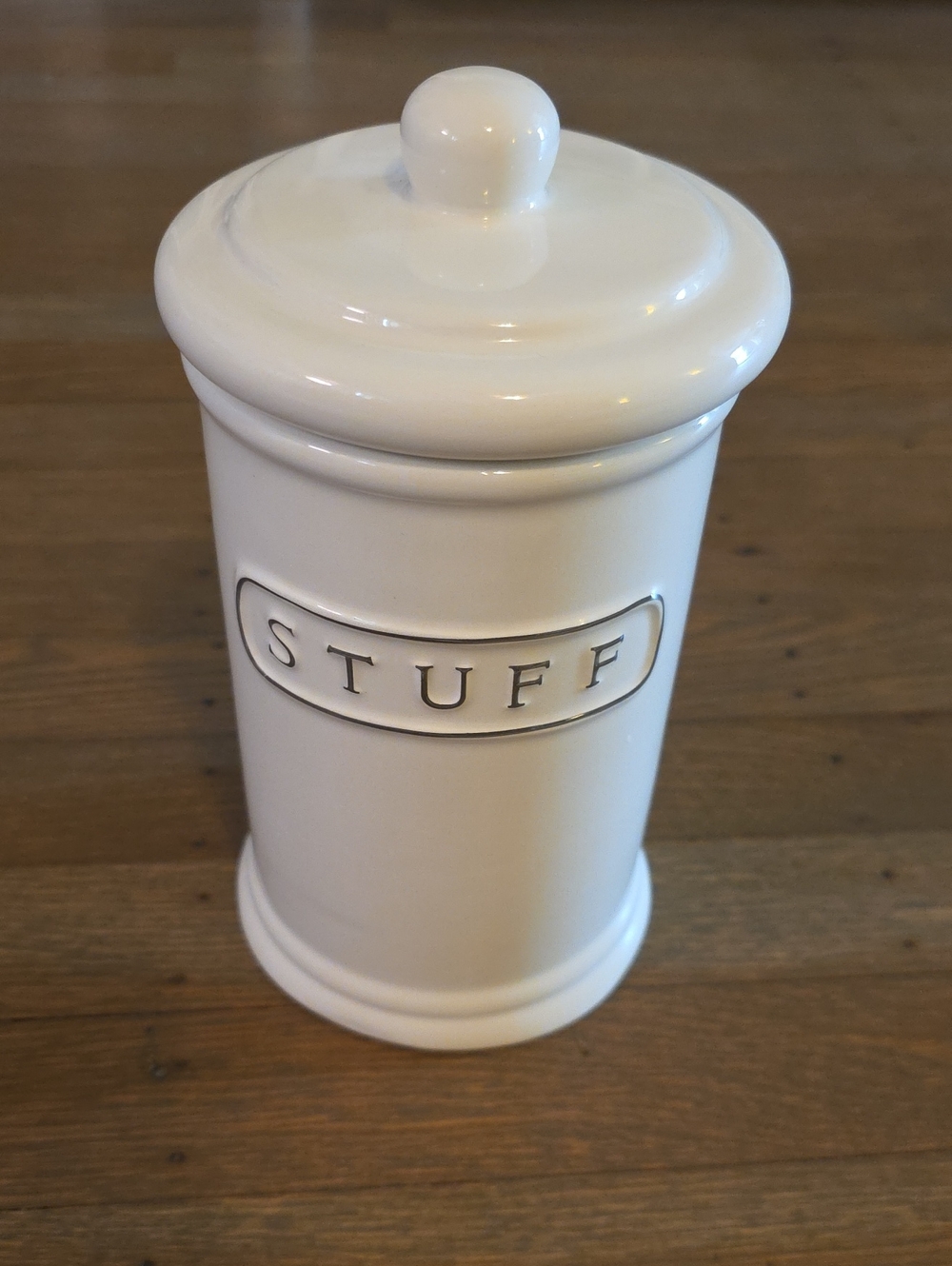 Pottery Barn White Ceramic 'STUFF' Storage Canister